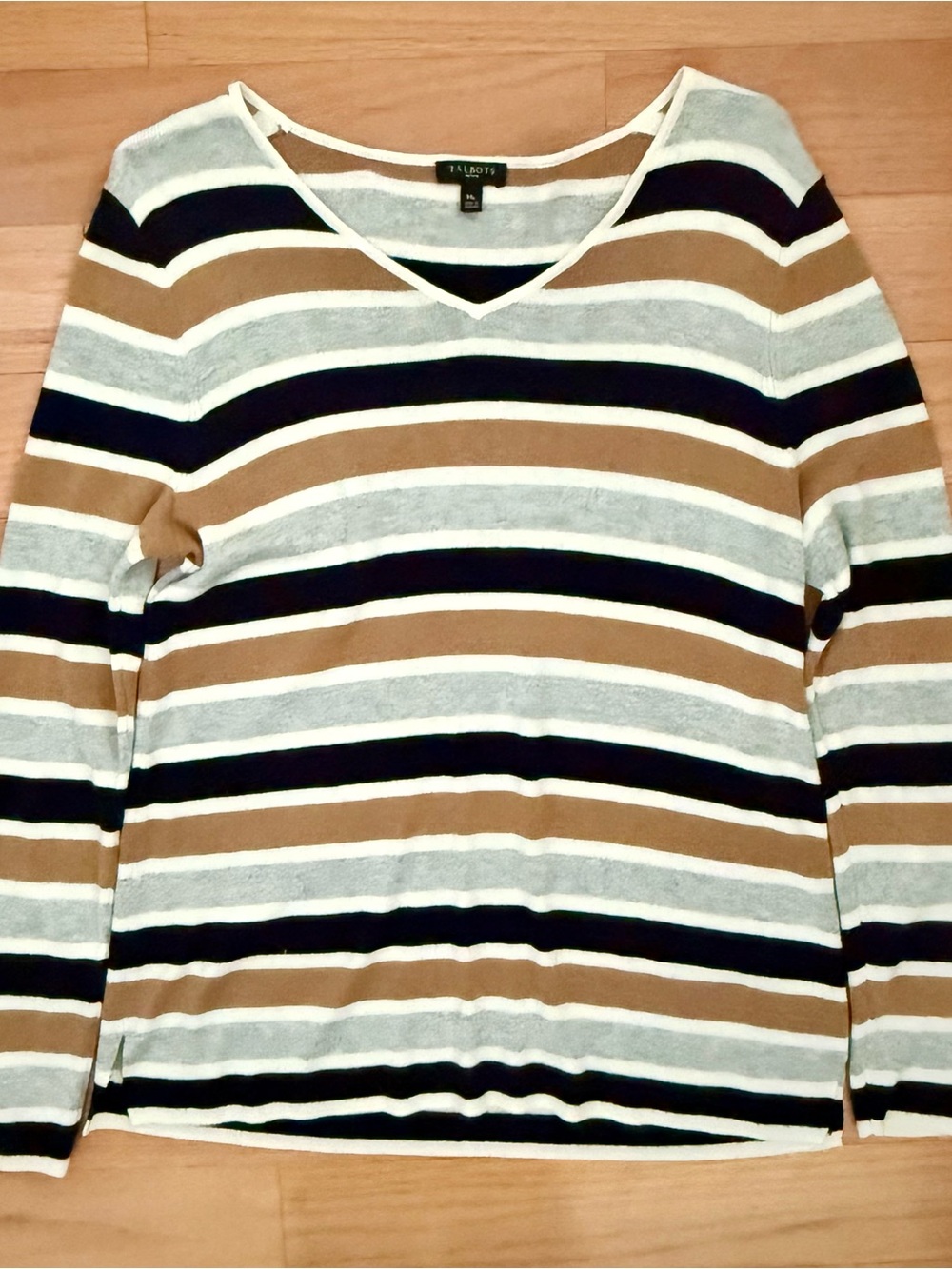 Talbots Womens V-Neck Striped Sweater in Tan, White, Grey & Black, Medium Petite